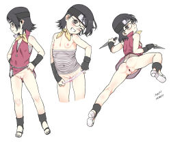 1girl anus ass bar_censor black_eyes black_gloves black_hair blush boruto:_the_movie breast_slip breasts bridal_gauntlets censored cleft_of_venus clothes_lift clothes_pull cropped_legs dated dress dress_lift dual_wielding fat_mons feet female_focus fingerless_gloves forehead_protector from_behind full_body glasses gloves grin hands_on_own_hips high_heels holding holding_weapon jumping konohagakure_symbol kunai loli looking_at_viewer looking_back looking_to_the_side multiple_persona nanjou_asuka naruto_(classic) naruto_(series) navel ninja nipple_slip nipples no_bra no_panties one_eye_closed open_mouth panties panty_pull pointless_censoring pussy scarf shirt shirt_pull shoes short_dress short_hair signature simple_background sleeveless sleeveless_dress small_breasts smile socks solo standing strapless striped_clothes striped_shirt sweatdrop toeless_legwear toes tube_top uchiha_sarada underwear weapon white_background wink