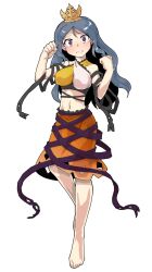 arm_ribbon arm_up barefoot black_ribbon blue_hair chirizuka_ubame clenched_hand crying crying_with_eyes_open dairi dress flustered fossilized_wonders frilled_dress frilled_skirt frills hair_ornament halterneck highres knee_up long_hair midriff multicolored_dress nipples open_mouth orange_skirt purple_eyes purple_ribbon ribbon skirt sparkling_eyes standing standing_on_one_leg tachi-e tears touhou waist_ribbon