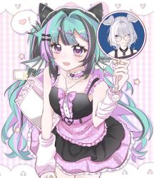 Rule 34 | 2girls, aqua hair, arm warmers, bag, bags under eyes, beomnootty, black hair, blush, bow, breasts, choker, cross, cross necklace, dress, earrings, elira pendora, elira pendora (goth), finana ryugu, finana ryugu (jirai kei), fins, fish skeleton hair ornament, hair bow, hair intakes, handbag, head fins, heart, highres, holding, holding mirror, jewelry, lazulight, long hair, looking at viewer, maid headdress, mirror, multicolored hair, multiple girls, necklace, nijisanji, nijisanji en, open mouth, pink hair, purple eyes, small breasts, smile, speech bubble, spoken heart, star (symbol), streaked hair, virtual youtuber