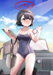 1girl absurdres abydos_high_school_swimsuit ayane_(blue_archive) black_eyes black_one-piece_swimsuit blue_archive blue_sky breasts brown_eyes cleavage clipboard cloud competition_school_swimsuit contrapposto day drawing_rak feet_out_of_frame flower hair_flower hair_ornament halo highres medium_breasts one-piece_swimsuit outdoors pointy_ears red_halo school_swimsuit short_hair sky solo sweat swimsuit unworn_glasses