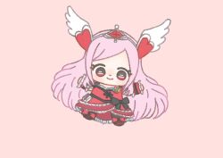 Rule 34 | 1girl, absurdly long hair, black boots, black bow, black pantyhose, boots, bow, brooch, chibi, closed mouth, clover, clover brooch, cure passion, dot nose, dress, dress bow, eyelashes, four-leaf clover, fresh precure!, frilled arm warmers, frilled dress, frills, hair ornament, happy, heart, heart hair ornament, higashi setsuna, ichigo usuhana, jewelry, knee boots, light blush, long dress, long hair, looking at viewer, magical girl, multicolored boots, outstretched arms, pantyhose, pink hair, precure, red arm warmers, red background, red boots, red dress, red eyes, red theme, short sleeves, sidelocks, simple background, smile, solo, square neckline, tareme, tiara, two-tone boots, very long hair, wing hair ornament