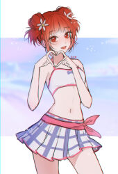 1girl bare_arms bare_shoulders blue_sky border bow character_request cowboy_shot double_bun eyelashes flower gradient_sky ha_yusa hair_bun hair_flower hair_ornament happy heart heart_hands highres idol letterboxed light_blush lips looking_at_viewer midriff miniskirt navel open_mouth outside_border pink_bow pink_lips plaid_clothes plaid_skirt pleated_skirt pretty_rhythm pretty_series purple_skirt purple_sky red_eyes red_hair short_hair signature skirt sky smile solo sparkle sports_bra thighs waist_bow white_border white_flower white_sports_bra