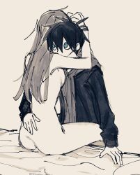 1boy 1girl absurdres aqinaaam clothed_male_nude_female completely_nude couple hetero highres hood hoodie hug long_hair nude original short_hair sitting