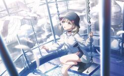 1girl :o azusawa_kohane bird black_choker black_hat black_shoes blonde_hair blurry blush brown_eyes bucket_hat cage choker cloud colorful_palette depth_of_field dove feathers game_cg hat highres official_art project_sekai shirt shoes solo swing third-party_source twintails walk_on_and_on_(project_sekai) white_shirt
