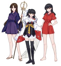 3girls absurdres armor barefoot bead_necklace beads black_hair black_shoes black_thighhighs blunt_bangs breasts brown_eyes brown_hair closed_mouth cosplay dress fingernails full_body hand_on_own_hip highres higurashi_kagome holding holding_sword holding_weapon huge_weapon inuyasha inuyasha_(character) inuyasha_(character)_(cosplay) japanese_armor japanese_clothes jewelry long_hair medium_breasts miroku_(inuyasha) miroku_(inuyasha)_(cosplay) multiple_girls necklace parted_bangs parted_lips purple_robe red_dress rin_(inuyasha) robe sandals sango_(inuyasha) sesshoumaru sesshoumaru_(cosplay) sharp_fingernails shoes shoulder_spikes side_ponytail smile spikes sword tetsusaiga thighhighs tiroma tooth_necklace twitter_username weapon white_fur