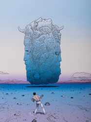 1boy cloud desert floating foliage from_behind full_body gradient_sky hands_up highres moebius mountainous_horizon original outdoors pants rock scenery sculpture shirt shoes short_hair short_sleeves signature sky solo surreal white_pants white_shoes wide_shot