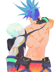 2boys back black_shirt blue_hair from_behind galo_thymos gloves green_hair hand_on_own_neck height_difference highres km_(ksolee1201) lio_fotia male_focus mohawk multiple_boys muscular muscular_male pants promare shirt short_hair short_sleeves simple_background topless_male white_background yaoi
