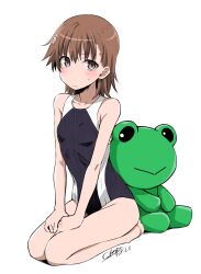 1girl asymmetrical_bangs bare_shoulders black_one-piece_swimsuit blush breasts brown_eyes brown_hair commentary_request competition_school_swimsuit frown full_body gekota hair_ornament hairpin hands_on_own_thighs highres looking_at_viewer medium_hair misaka_mikoto okara one-piece_swimsuit school_swimsuit seiza sitting small_breasts solo stuffed_animal stuffed_frog stuffed_toy swimsuit toaru_kagaku_no_railgun toaru_majutsu_no_index tokiwadai_school_swimsuit two-tone_one-piece_swimsuit two-tone_swimsuit white_background white_one-piece_swimsuit