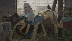 1girl ahoge animal animal_bag animal_ears backpack bag ball barbed_wire bird blanket blue_bag blue_umbrella bottle box breasts building buttons camera car chair cleavage cleavage_cutout closed_mouth clothing_cutout crack crow drawer electric_fan fingernails flower full_body green_footwear grey_hair hair_ornament hair_over_one_eye hairclip hand_fan highres holding holding_camera house industrial_pipe junk long_hair looking_at_viewer motor_vehicle on_car original outdoors pillow plant potted_plant power_lines red_eyes refrigerator rust scooter shark_bag shima_(landsuzume) shoes shop silhouette sitting sneakers soccer_ball stuffed_animal stuffed_toy teddy_bear traffic_light umbrella vines white_flower x_hair_ornament yellow_flower