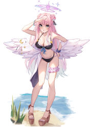 1girl absurdres angel_wings bare_shoulders bikini black_bikini blue_archive blush breasts brown_sandals cleavage collarbone crescent double_bun feathered_wings hair_bun hair_ribbon halo hidel highres large_breasts long_hair looking_at_viewer low_wings mika_(blue_archive) navel open_mouth pink_hair pink_halo ribbon sandals simple_background solo stomach swimsuit thighs white_background white_wings wings yellow_eyes