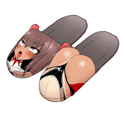ahegao ass ass_focus dark_skin highleg highleg_leotard huge_ass leotard lovelovemaid miniskirt mizuki_yukikaze one-piece_tan open_mouth ribbon shiny_skin skindentation skirt slippers taimanin_(series) taimanin_suit taimanin_yukikaze tan tanline thong thong_leotard tongue tongue_out twintails what white_background