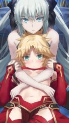 2girls black_bow black_panties blonde_hair blush bow braid breasts detached_sleeves fate/grand_order fate_(series) green_eyes hair_bow highres hug loincloth looking_at_viewer midriff mordred_(fate) morgan_le_fay_(fate) mother_and_daughter multiple_girls navel panties silver_hair small_breasts tonee underboob underwear