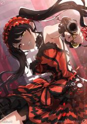 1girl aiming antique_firearm backlighting black_hair breasts commission date_a_live dress firearm firelock flintlock frilled_dress frills gun hairband heterochromia highres holding holding_gun holding_weapon long_hair looking_at_viewer medium_breasts puchikun red_dress red_eyes smile solo tokisaki_kurumi twintails two-tone_dress weapon yellow_eyes