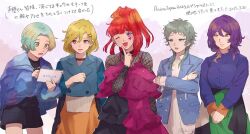 1girl 2girls 3others alternate_costume blunt_bangs chiimako earrings gina_(gnosia) gnosia heart heart_earrings heart_tattoo high_ponytail jewelry long_hair long_sleeves looking_at_viewer multiple_girls multiple_others nail_polish ponytail raqio red_eyes red_hair setsu_(gnosia) short_hair simple_background smile sq_(gnosia) tattoo translation_request yuri_(gnosia)