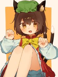 1girl :d animal_ear_fluff animal_ear_piercing animal_ears bloomers blush border bow bowtie brown_eyes brown_hair cat_ears cat_tail chen commentary_request dress earrings edamanecha eyes_visible_through_hair fang feet_out_of_frame frills hair_between_eyes hands_up hat highres jewelry knees_to_chest knees_up legs_together long_sleeves looking_at_viewer mob_cap multiple_tails nekomata open_mouth orange_background outside_border paw_pose petticoat puffy_long_sleeves puffy_sleeves red_dress short_hair simple_background single_earring skin_fang smile solo tail touhou two_tails underwear white_background white_border yellow_bow yellow_bowtie