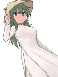 Rule 34 | 1girl, alternate costume, ao dai, blue eyes, breasts, dress, frog hair ornament, hair ornament, hair tubes, hand on headwear, hand on own hat, hat, highres, kochiya sanae, large breasts, long hair, long sleeves, looking at viewer, miyo (ranthath), no nose, pyonta, rice hat, simple background, single hair tube, smile, snake hair ornament, solo, touhou, upper body, white background, white dress, wide sleeves