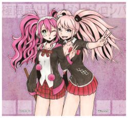 2girls black_jacket black_shirt blonde_hair blush breasts cleavage collarbone crossed_arms crossover danganronpa:_trigger_happy_havoc danganronpa_(series) enoshima_junko houmeikin jacket kyokugen_dasshutsu kyokugen_dasshutsu:_9_jikan_9_nin_9_no_tobira multiple_girls open_mouth pink_background pink_hair pleated_skirt red_skirt shirt simple_background skirt teeth twintails upper_teeth_only v white_shirt yotsuba_(kyokugen_dasshutsu)