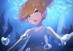 1girl :o air_bubble bare_arms blue_eyes brown_hair bubble dress eyelashes grey_shirt jewelry light_rays looking_at_viewer misty_(pokemon) navel nintendo open_mouth orange_hair pokemon pokemon_lgpe pokemon_rgby shirt short_hair sleeveless sleeveless_shirt solo underwater upper_body water