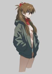 1girl blue_eyes breasts brown_hair closed_mouth cowboy_shot cropped_legs evangelion:_3.0+1.0_thrice_upon_a_time expressionless eyepatch from_side green_hoodie hair_between_eyes hands_in_pockets highres hood hoodie long_hair medium_breasts navel neon_genesis_evangelion no_bra no_shirt one_eye_covered panties rebuild_of_evangelion red_scarf scarf simple_background solo souryuu_asuka_langley standing steelhead0617 underwear white_background white_panties