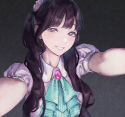 Rule 34 | 1girl, animification, ascot, black background, black hair, blunt bangs, collared dress, commentary, contrast collar, dream believers, dress, flower, frilled ascot, frills, green ascot, grey eyes, grin, hair flower, hair ornament, highres, kan kanna, link! like! love live!, long hair, looking at viewer, love live!, pink dress, pink flower, puffy short sleeves, puffy sleeves, real life, rounded collar, saidamoosu, short sleeves, sidelocks, simple background, smile, solo, twintails, upper body, voice actor