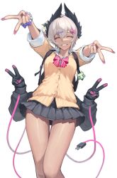 Rule 34 | 1girl, absurdres, alternate costume, arknights, backpack, bag, black skirt, bow, bowtie, cardigan, closed eyes, collared shirt, dark-skinned female, dark skin, dekka, double v, dress, extra arms, grin, hair bow, head wings, highres, miniskirt, pink bow, pink bowtie, pleated dress, raidian (arknights), school uniform, shirt, short hair, simple background, skirt, smile, solo, striped bow, striped bowtie, striped clothes, v, white background, white shirt, wings, yellow cardigan
