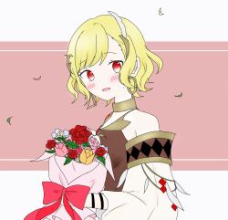 Rule 34 | 0drayveer8rlihn, 1girl, blonde hair, bouquet, brown dress, citrinne (fire emblem), dress, earrings, fire emblem, fire emblem engage, flower, gold choker, gold trim, hair ornament, highres, holding, holding bouquet, hoop earrings, jewelry, leather wrist straps, nintendo, red eyes, wing hair ornament