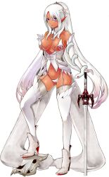 1girl artist_request bad_source bare_shoulders blue_eyes breasts collar dark_elf detached_sleeves elf full_body game_cg high_heels long_hair navel official_art panties pointy_ears revealing_clothes roana_(sennen_sensou_aigis) sennen_sensou_aigis skull snake solo sword third-party_source transparent_background underwear weapon white_hair white_panties
