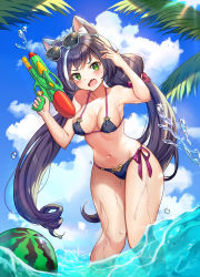 1girl animal_ear_fluff animal_ears arm_up bad_id bad_pixiv_id bare_shoulders bikini black_hair blue_bikini blue_sky blush bow breasts cameltoe cat_ears cleavage cloud collarbone covered_erect_nipples day eyewear_on_head fang female_focus food fruit green_eyes hair_bow halterneck highres karyl_(princess_connect!) large_breasts long_hair looking_at_viewer low_twintails medium_breasts multicolored_hair navel open_mouth outdoors pn_(wnsl216) princess_connect! purple_bow side-tie_bikini_bottom sky solo standing streaked_hair sunglasses swimsuit twintails very_long_hair wading water water_gun watermelon wet white_hair