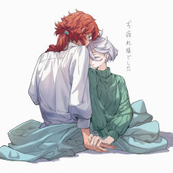 2girls closed_eyes commentary gundam gundam_suisei_no_majo highres holding_hands jewelry joker_(jjjokerrr233) leaning_on_person long_hair looking_at_another miorine_rembran multiple_girls ponytail red_hair ring scrunchie shirt short_hair simple_background suletta_mercury sweater tan translation_request under_covers wedding_ring white_background white_hair wife_and_wife yuri