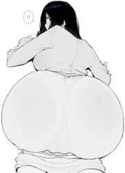 !? 1girl ass ass_focus commentary english_commentary from_behind greyscale huge_ass long_hair looking_back monochrome ohasi solo the_ring yamamura_sadako