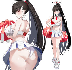 1girl absurdres alternate_costume ass back bare_shoulders black_hair blue_archive blush breasts cheerleader crop_top detached_collar full_body hair_ornament hairclip halo hand_on_own_hip high_ponytail highres holding holding_pom_poms huge_breasts long_hair looking_at_viewer mango_(mango0208) midriff miniskirt multiple_views navel one_eye_closed panties pleated_skirt pom_pom_(cheerleading) pom_poms ponytail red_eyes rio_(blue_archive) simple_background single_sidelock skirt standing sweatdrop thighs underwear upskirt very_long_hair white_background white_panties white_skirt