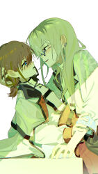 Rule 34 | 2girls, absurdres, blue eyes, brown hair, classroom, commentary, earclip, english commentary, girls band cry, grey eyes, grey hair, hair between eyes, hand on another&#039;s head, highres, iseri nina, jacket, kawaragi momoka, long hair, low twintails, multiple girls, open mouth, short twintails, simple background, sunglasses, sweat, twintails, white background, white jacket, ydpfa, yuri
