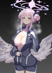 1girl absurdres black_jacket black_shorts black_track_suit blue_archive blush breasts closed_mouth double_bun feathered_wings hair_bun hair_ornament hair_scrunchie highres jacket large_breasts mika_(blue_archive) mika_(track)_(blue_archive) no_bra official_alternate_costume official_alternate_hairstyle purple_scrunchie scrunchie short_shorts shorts sidelocks smile solo teik0p track_suit white_scrunchie wings