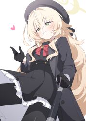 1girl absurdres beret black_gloves black_hat black_jacket black_serafuku black_skirt blonde_hair blue_archive cane gloves green_eyes hagoonha halo hat highres holding holding_cane jacket long_hair long_sleeves pantyhose professor_niyaniya_(blue_archive) school_uniform serafuku simple_background skirt white_background yellow_halo