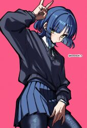 1girl absurdres blue_hair bocchi_the_rock! highres komatsuki_n mole mole_under_eye pantyhose pink_background school_uniform skirt solo yamada_ryo