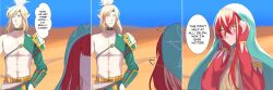 1boy 1girl 3koma abs alternate_costume artist_name artist_request blonde_hair blush closed_eyes comic desert embarrassed english_text flat_chest green_eyes hand_on_own_hip humanization link long_hair mipha muscular muscular_male nintendo pointy_ears red_hair sand sketch smile speech_bubble the_legend_of_zelda the_legend_of_zelda:_breath_of_the_wild veil yellow_eyes