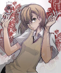 Rule 34 | 1girl, asymmetrical bangs, bare arms, brown eyes, brown hair, brown sweater, brown sweater vest, brown vest, coin, coin flip, collared shirt, commentary, hair between eyes, hands up, head tilt, highres, julioalqae, looking at viewer, medium hair, misaka mikoto, no emblem, parted lips, school uniform, shadow, shirt, short sleeves, sleeveless, sleeveless sweater, solo, summer uniform, sweater, sweater vest, toaru kagaku no railgun, toaru majutsu no index, tokiwadai school uniform, upper body, v-neck, vest, white shirt