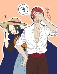 Rule 34 | 1boy, 1girl, ?, bad id, bad twitter id, beard stubble, blush, closed eyes, covering own eyes, facial hair, green hair, hat, highres, makino (one piece), mustache stubble, one piece, open mouth, red hair, redhair0309s, shanks (one piece), shirt, short hair, smile, straw hat, stubble, teeth, translation request, white shirt