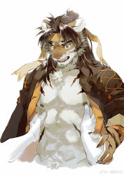 1boy abs absurdres animal_ears arknights bara black_shirt chinese_clothes chinese_commentary claws commentary_request disembodied_hand furry furry_male headband highres huai_tianpei_(arknights) looking_down male_focus muscular muscular_male nipples open_clothes open_mouth open_shirt pectorals shirt tiger_boy tiger_ears tiger_stripes watermark weibo_watermark white_background yellow_headband yi_tan_a_mi_ba