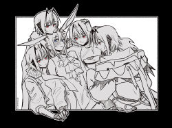 5girls ahoge amiya_(arknights) animal_ears antennae arknights ascot between_legs blue_eyes blush clone clone_harem closed_mouth commentary greyscale hand_on_another&#039;s_head highres holding_hands horns jacket monochrome multiple_girls off_shoulder ong_(fyza2772) parted_lips rabbit_ears red_eyes scarf smile spot_color symbol-only_commentary w_(arknights) yuri
