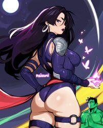 1boy 1girl ass asymmetrical_clothes avengers_(series) black_hair body_blush breasts bug butterfly closed_eyes cloud colored_skin curvy earrings elbow_gloves energy from_behind full_moon gloves glowing_butterfly green_skin hand_on_own_hip highleg highleg_leotard highres hoop_earrings hulk insect jewelry large_breasts leotard lipstick long_hair looking_at_viewer makeup marvel marvel_rivals moon night o-ring o-ring_thigh_strap paizumi parted_lips psylocke psylocke_(vengeance) purple_butterfly purple_eyes purple_hair purple_leotard purple_lips red_sash revealing_clothes sash shiny_skin sky solo star_(sky) starry_sky superhero_costume thigh_strap thighhighs waist_sash wide_hips x-men