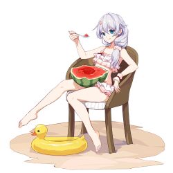 1girl barefoot beach bikini bikini_skirt blue_eyes breasts chair cici food frilled_bikini frills fruit full_body holding holding_spoon honkai_(series) honkai_impact_3rd innertube licking_lips long_hair looking_at_viewer official_art pink_bikini sand side_ponytail sitting solo spoon swim_ring swimsuit theresa_apocalypse theresa_apocalypse_(morning_sunshine) toes tongue tongue_out watermelon white_hair