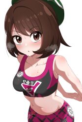 1girl :o absurdres arms_behind_back black_sports_bra breasts brown_eyes brown_hair cosplay gloria_(pokemon) green_hat hat highres interlocked_fingers looking_at_viewer marnie_(pokemon) marnie_(pokemon)_(cosplay) medium_breasts midriff navel nintendo pants parted_lips pokemon pokemon_swsh shabana_may short_hair simple_background solo sports_bra stomach stretching sweat tam_o&#039;_shanter tight_clothes tight_pants white_background