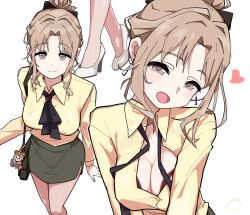 1girl black_skirt blush bra breasts brown_hair cleavage commentary commission heart highres ichikawa_hinana idolmaster idolmaster_shiny_colors mahjong_soul medium_breasts multiple_views office_lady ohgi910 pencil_skirt pixiv_commission red_bra shirt simple_background skirt smile underwear white_background yellow_shirt
