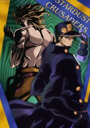 Rule 34 | 2boys, absurdres, birthmark, black hair, blonde hair, coat, diamond wa kudakenai, dio brando, ear birthmark, earrings, gakuran, genda art, hat, highres, jewelry, joestar birthmark, jojo no kimyou na bouken, kuujou joutarou, long coat, male focus, multiple boys, muscular, school uniform, short hair, stardust crusaders