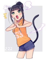 Rule 34 | 1girl, :3, animal ears, cat ears, cat tail, cropped legs, drawstring, fang, green eyes, hair bun, hamaguchi ayame, highres, hood, hood down, hoodie, idolmaster, idolmaster cinderella girls, kemonomimi mode, open mouth, orange hoodie, shorts, sleeveless, sleeveless hoodie, solo, tail, toyosaka