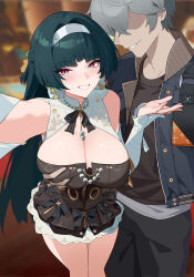 1boy 1girl absurdres astra_yao astra_yao_(chandelier) black_bow black_dress black_pants blue_jacket blush bow breasts cleavage detached_sleeves dress dress_bow earrings faceless faceless_male grabbing_another&#039;s_breast green_hair grey_hair grin groping hairband highres jacket jewelry large_breasts long_hair looking_at_viewer mole mole_under_each_eye mole_under_eye multiple_moles necklace pants peacekeeper.45 pearl_necklace shirt short_hair smile t-shirt white_hairband wise_(zenless_zone_zero) zenless_zone_zero