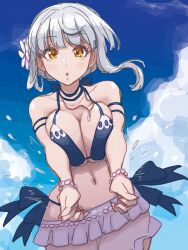 1girl arm_strap assault_lily bare_arms bare_shoulders bikini blue_bikini blue_choker blue_sky blush bow bow_bikini bracelet breasts breasts_squeezed_together bump_(volleyball) choker cleavage cloud collarbone commentary_request cowboy_shot day flower frilled_sarong frills grey_hair hair_flower hair_ornament halterneck highres jewelry kon_kanaho large_breasts looking_at_viewer mabuta_kayumi navel necklace official_alternate_costume official_alternate_hairstyle outdoors outstretched_arms parted_lips pearl_bracelet pendant sarong see-through_clothes see-through_sarong short_hair_with_long_locks single_sidelock sky solo standing stomach string_bikini swimsuit underboob white_flower white_sarong yellow_eyes