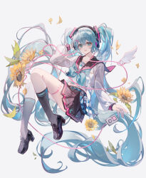 1girl absurdres blue_eyes blue_hair flower hatsune_miku highres lixiang_guo_alice school_uniform serafuku simple_background skirt solo twintails vocaloid white_background