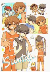 Rule 34 | 2boys, absurdres, aged down, antenna hair, apron, arm around shoulder, ball, basketball (object), black eyes, black hair, black sweater vest, blush, box, bright pupils, brown eyes, brown hair, brown shorts, chibi, closed eyes, closed mouth, collared shirt, dark-skinned male, dark skin, dog, eating, eyewear on head, food, grey shirt, grin, hector (omori), highres, holding, holding box, holding food, holding paper, kel (faraway) (omori), kel (omori), looking at viewer, male focus, multiple boys, omori, open mouth, orange shorts, paper, pizza, pizza box, pizza slice, salt xs2, shirt, short hair, short sleeves, shorts, smile, spoken squiggle, squiggle, sunglasses, sunny (omori), sweater vest, teeth, thumbs up, white pupils, white shirt, yellow apron